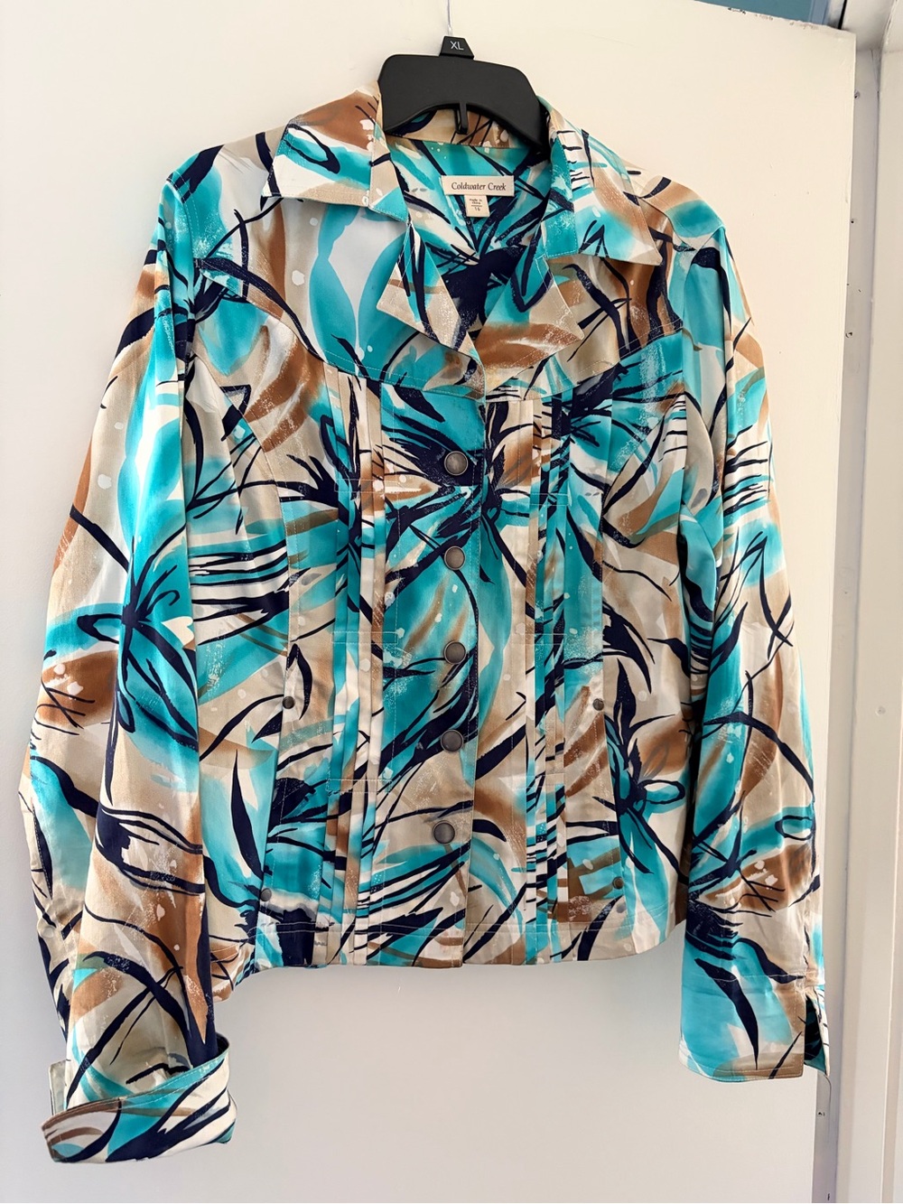 Coldwater Creek Turquoise, Navy & Tan Printed Button-Front Jacket